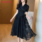 Elegant Commuter Mosaic Midi Pleated Dress Short Sleeve Lapel Elegant Dress Embroidered Mesh Splice Beaded Premium Dress-Outfit
