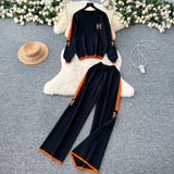 Fongt Letter Embroidered Knitted Shirt Long Sleeve Sweater High Waist Broad Leg Trousers Casual Sports Two-Piece Suit Woman