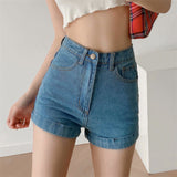 Trendy Women's Wear New Retro High-Waisted Crimped Solid Color Denim Shorts Loose Summer Skinny Buttocks Hot Pants-Outfit