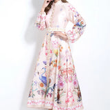 Fongt Court Elegant Fashion Print Single-D Row Lantern Sleeve Dress Women's Waists Thin Big Brand Long Dress