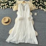 Fongt 2025 New Elegant Solid Dress Round Collared Loose Hair Splicing 100 Folding Long Dress