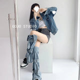 Fongt Hottie Fried Street Wash Denim Leg Set Design Strap Pile Trousers Calves Denim Shorts Cover