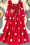 Women Polka Dot Dress Spring Autumn Vintage Square Collar Lantern Long Sleeve Casual Long Dresses Ladies High Waist