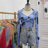 Fongt Tie-Dye-Print Long Sleeve Bottom Sexy Hottie V-Neck T-Shirt Folded Slimming Mesh Yarn Top 8929