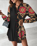 Wise Hot Style Autumn And Winter Long Sleeve Print Stitching Button Dress Female Shirt-Outfit