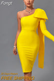 Sleeve Bandage Dress 2023 New Womens Yellow Bandage Dress Elegant Sexy Bowknot Evening Club Party Dress High Quality