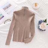 Office Lady Front Zipper Slim Knitted Sweater Long Sleeve Stand Collar Solid Casual Pullover 2021 Autumn Winter New