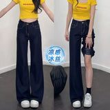 Fongt Cool Feeling Dark Blue Non-Legged Micro-Tipped Jeans Women's Summer Thin 2025 New Hanging Broad Leg Horn Pants