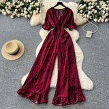 Fongt Dress Holiday Wear Chic Light Leisure V Collar Short Sleeves Tight Waist High Waist Thin Leg Print Jump Trousers