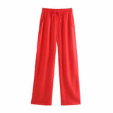 Women Simply Solid Color Pockets Patch Casual Straight Pants Female Chic Elastic Waist Lace Up Summer Long Trousers