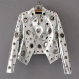 and American Fashion Stand Collar pu Jacket Coat Loose Bright openwork Metal Ring Decoration pu Jackets Coats Black