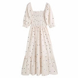 Women Hearts Printing Square Collar Elastic Midi Dress Female Puff Sleeve Clothes Casual Lady Slim Vestido