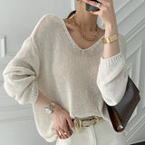 New 2021 Spring Summer Women Sweater V-Neck Pullovers Knitted Cutout Korean Style Oversize Wild Lady Jumpers