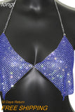 Shiny Rhinestones Halter Camisole For Women Sexy Backless Deep V Neck See Through Crop Top Summer Beach Tank