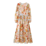 Fongt Women's Summer Romantic Lace Printing Design Feel Waist Slimming V-Neck Long-Sleeved Dress