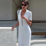 Fongt Summer New Women's Pure Color Collar Simple Long Dress