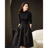 Fongt Texture Knitting Autumn/Winter Autumn/Winter Long-Sleeved Small Black Dress Showing Thin Wool Fluffy Skirt Dress
