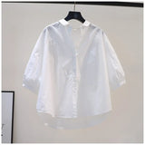 Fongt Fresh Art And Light Blue Cotton Shirt Women 7-Sleeve Casual Shirt 2025 Summer Temperament Top