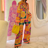 Fongt 2024 Women's Print Long Sleeve Shirt Ethnic Style Trousers Casual Fashion
