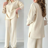 Fongt Autumn New Fashion Solid Color Loose Under The Pended Fork Knit Shirt Two Sets Of Women