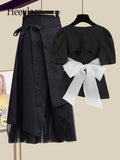 Women Summer Two Pieces Set Korean Casual Backless Bow Bandage Short Sleeve Tops + Irregular Mesh Patchwork Skirt Sets For