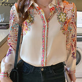 Han Queen Autumn New Office Lady Blusa Vintage Print Tops Simple Elegant Chiffon Women Blouses Long Sleeve Casual Shirts