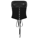 Fongt Leather Suit PU Leather Splicing Waist Tsets Hollow Folding Net Lace-Uped Ass Skirt