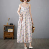 Fongt Fresh Literature And Art Retro Cotton And Small Broken Flower Dress Women's Summer Long Swing Sleeveless Sling
