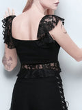 Dark lace T-shirts Mesh Hollow Out Hole Crop Top Gothic Sexy Eyelet Backless Transparent Patchwork Slash Neck 2021
