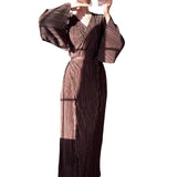 Fongt 2024 New Solid Color Horn Sleeve Thread Belt Collect Waist Style Long Sleeve Dress-Outfit
