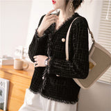 Fongt Autumn And Winter Small Jacket V Collar Plaid Mink Velvet Cardigan French Temperament Small Fragrant Wind Short Coat Female-Outfit