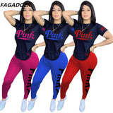 Summer Casual PINK Letter Print Two Piece Sets Women Short Sleeve Top And Skinny Pants Tracksuits Famale 2pcs