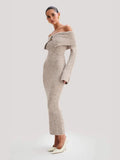 Fongt Women's Elegant Style Fashion Collared Shoulder Dress Knitted Long Dress