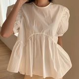 Fongt Chic Summer Careful Machine Back Hollow Tie Doll Shirt Female Loose Solid Color Bubble Sleeves Shirt Jacket-Outfit