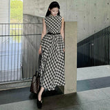 Fongt Design Lattice Sleeveless Round-Neck Dress Women 2025 Summer New Slim Retro Long Dress