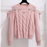 Women Autumn Winter Two Pieces Set Sweet Floral Embroidery Off The Shoulder Long Sleeve Knitted Sweater And Tweed Skirts
