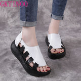 2021 Summer Genuine Leather Flat Platform Sandals For Women Hollow Out Mixed Colors Breathable Peep Toe Ladies