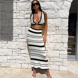 Fongt Striped Bikini Knitted Vest Sling Suit Beach Bohemian Style Long Dress