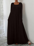 Fongt New Long Dress Casual Loose Long Sleeve Solid Color Collar Dress