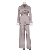 Fongt Women's Casual Lazy Set French Feather Long Sleeve Lace Satin 2-Piece Set-Outfit