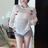 Fongt Summer Long Sleeve Design Sense Hollow Sunscreen In The Long Top With A New White Cherry Thin Knit-Outfit