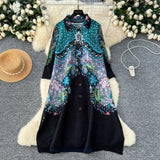 Fongt Folded Dress Women's Autumn 2025 Retro Collar Long Sleeves Loose A-Word Printing Skirt