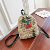 Summer Tiny Daisy Weave Backpacks Fashion Cherry PU Backpack Small Straw Beach Daypack Girls Rattan Holiday Travel
