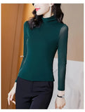 Solid Mesh T-Shirts Tees Female Full Sleeve Turtleneck Slim Tshirt Base Simple Tops For Women Spring Fall-Outfit