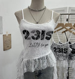 Fongt Shooting Lace Sling Vest Irregular Ribbon Hot Wear Print Short-Sleeved Top 1193