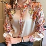 Han Queen Autumn New Office Lady Blusa Vintage Print Tops Simple Elegant Chiffon Women Blouses Long Sleeve Casual Shirts