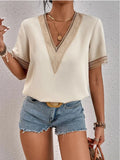 New Women's Dress Lace Lace V-Collar Solid Color Loose Blouse Temperament Commuter Short-Sleeved Shirt-Outfit