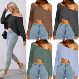 Fongt Street Style Languid Shoulders Loose Simple Leisure Long-Sleeved Shawl Hottie Umbilical Thin Top