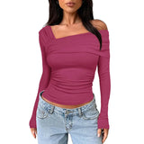 Women Basic Solid Undershirt Slash Off Shoulder Full Sleeve Shirt Shrunk Soft T-Shirt Autumn Versatile Street Daily Top-Outfit