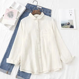 New Women Cotton Turn Down Collar White Shirt Long Sleeve Pockets Dot Blouse Button Up Loose Spring Casual Tops